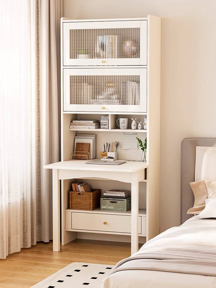 Desk Bookshelf Bedroom JY Folding Integrated Solid Wood Computer Desk Home Small Apartment Cream Style Study Desk Bookshelf Combination JY
