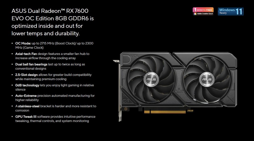 ASUS DUAL RX7600 O8G EVO AMD Radeon RX 7600 OC 8GB GDDR6 Graphic