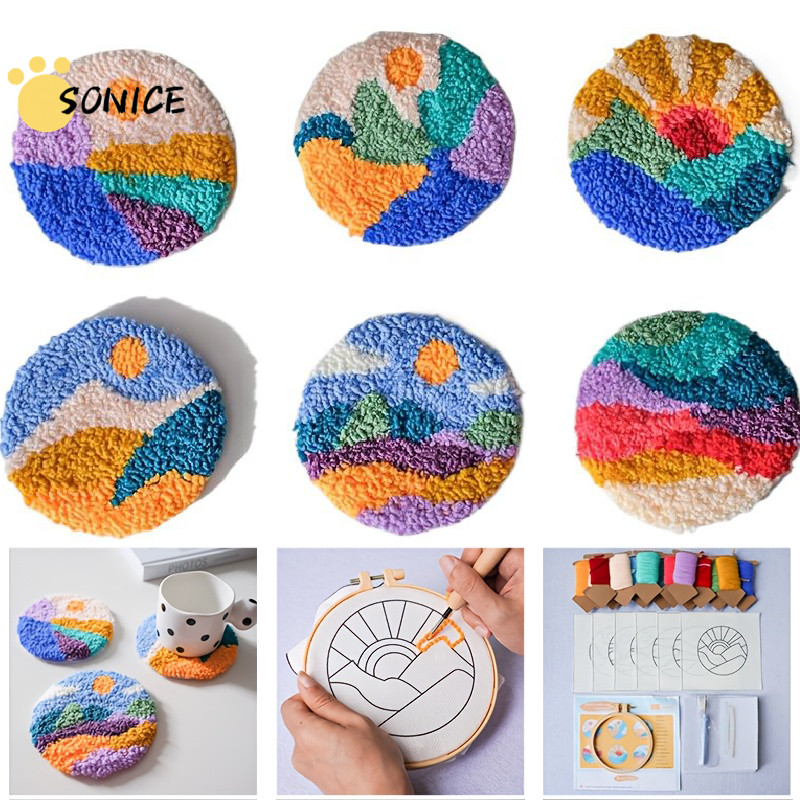 Landscape Pattern Punch Needle Coasters Kit Punch Needle Embroidery Kit DIY Mug Rug Making Set Sunrise Scenery Embroidery Needle Art Craft Supplies Set for Adults Gift Home Decor