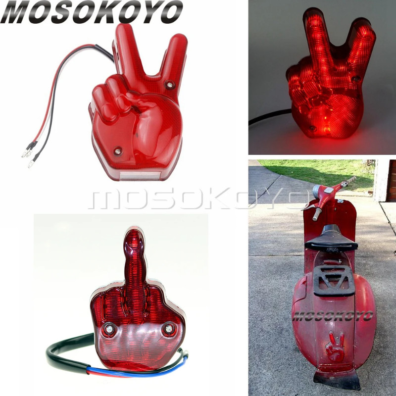 Vintage Cafe Racer Motorcycle Hand Victory 12V LED Red Light Stop Lamp Peace Sign Tail Light For Harley Chopper Bobber S