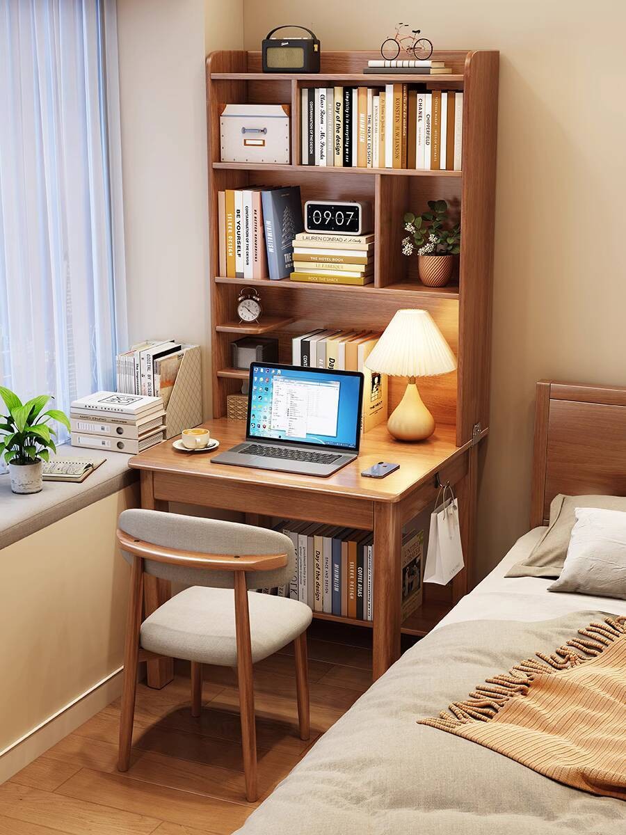 Desk Wood Bookshelf JY Solid Nordic Integrated Computer Desk For Students Home Small Apartment Study Desk Bedroom Wall-Mounted Writing Desk JY