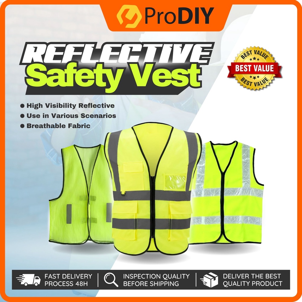 Unisex Reflective Safety Vest Zip Pocket Yellow Orange Zipper Polyester Breathable Mesh Men Women Work Visible Reflector