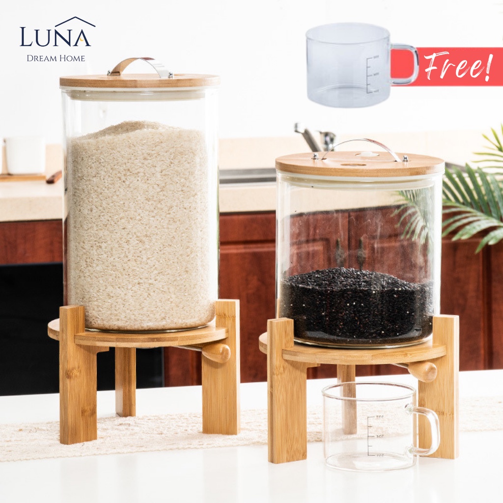 LUNA [Rice Grains Dispenser] 5L Air Tight bekas beras dapur Glass Rice Dispenser Wooden Stand Transparent Rice Storage