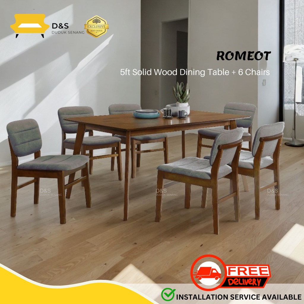 ROMEOT 5ft Solidwood Dinner Set 6 Seater / Meja makan set 6 kerusi