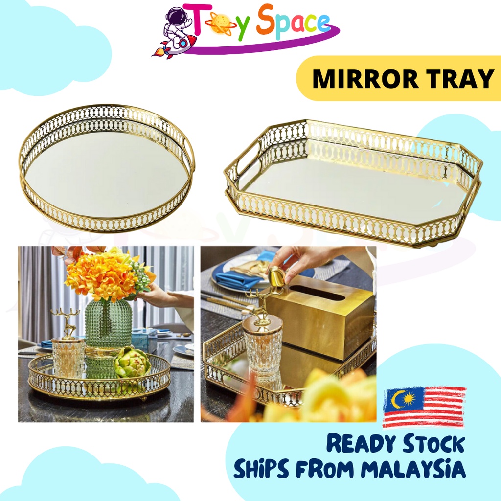 TOYSPACE European Mirror Tray Metal Gold Jewelry Tray Makeup Snack Tray Fruit Tray Dulang Cermin Dulang Hantaran 金属托盘