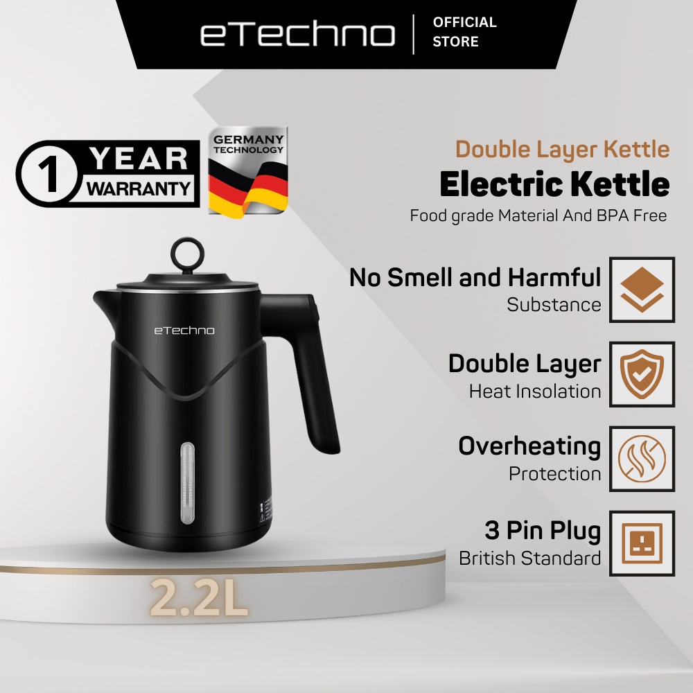 eTechno 2.2L Electric Kettle Auto Off Fast Boiling Double Layer Kettle Electric Cerek Elektrik Keep Warm Function