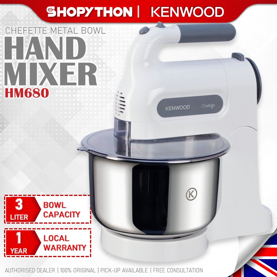 KENWOOD Chefette Hand Mixer HM680 - White (3.0L/350W) Metal Bowl 5 Speeds 2 in 1 Stand Mixers Powerful Motor Beater Hook