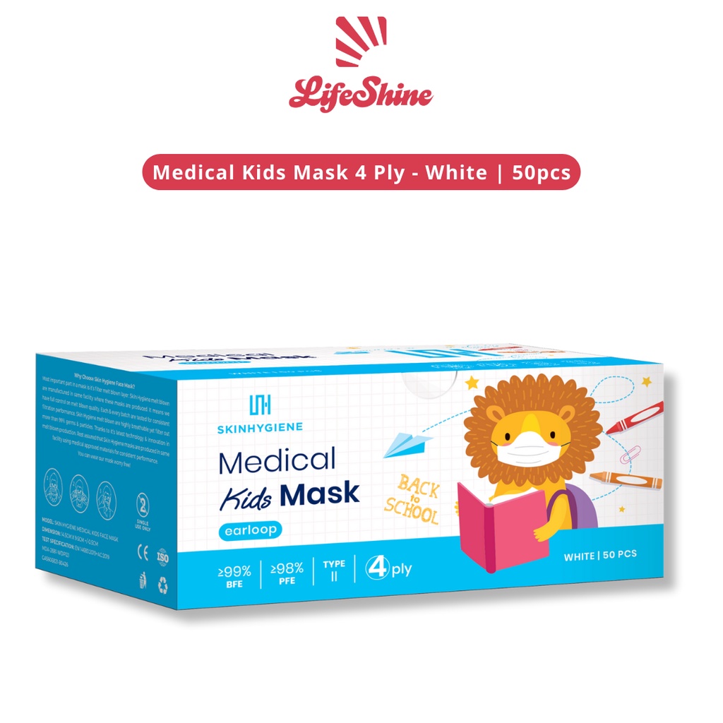 Skin Hygiene Upgraded Ultra-Soft Earloop 4 Ply Kids Medical Mask - White (50 Pcs)