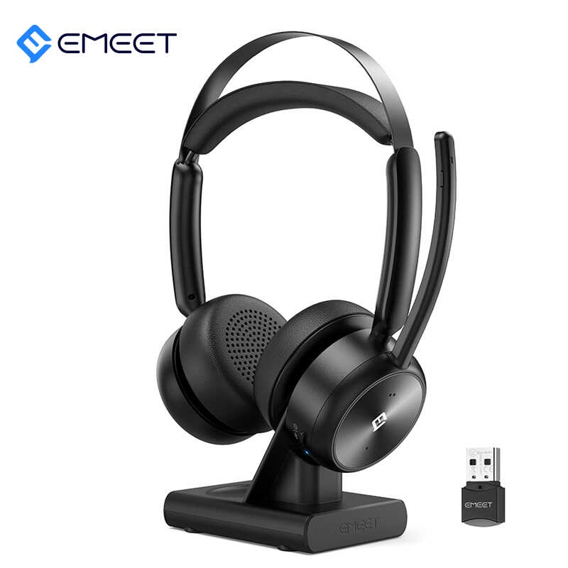 Headset Conference Wireless Bluetooth Headphones Lightweight EMEET HS80 with Mics/Charging Stand fo