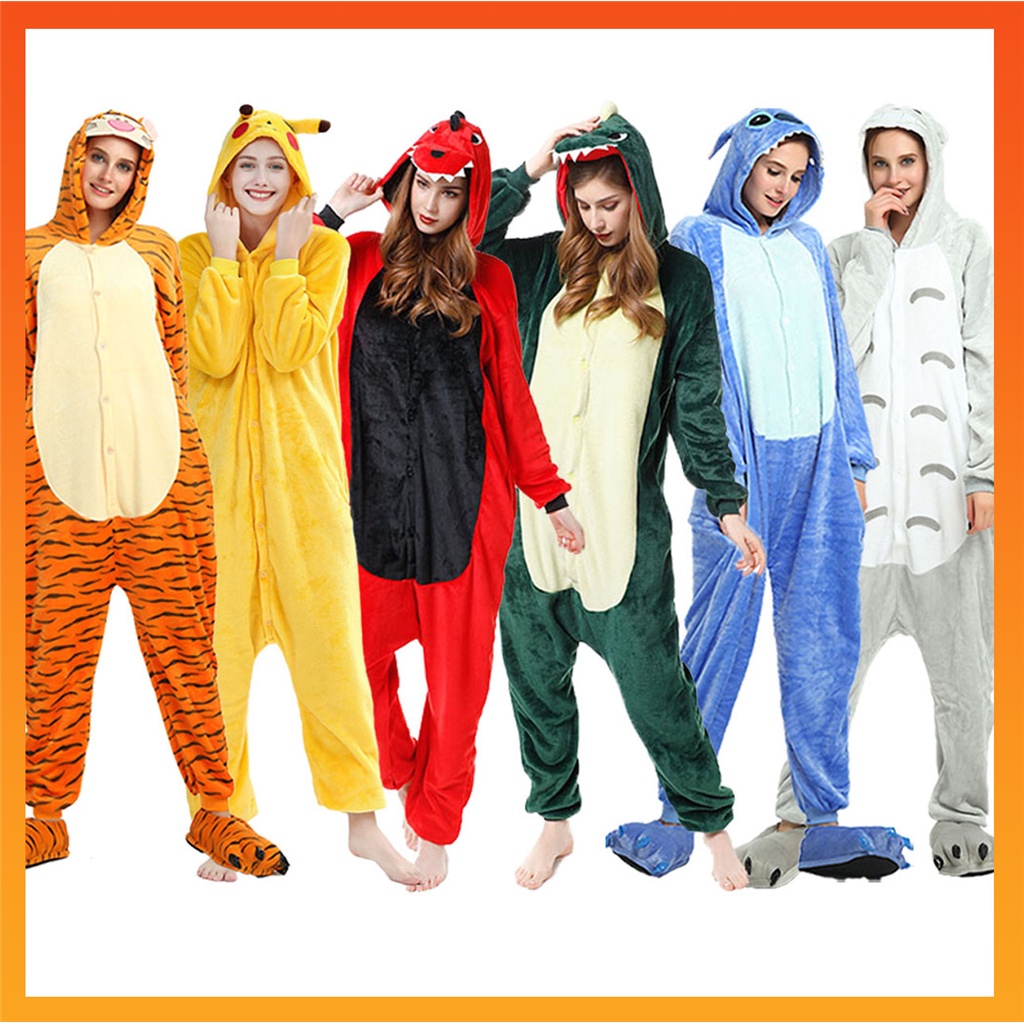 Kigurumi Stitch Pikachu Tiger Dinosaur Cartoon Pajamas Jumpsuits Women Men Hooded Sleepwear Onesies Kids Animal Cosplay Costumes