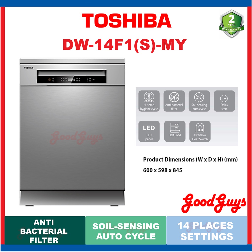 Toshiba DW-14F1 Free Standing / Table Top Dishwasher | 14 Place Setting | 6 Programs | Silver (DW14F1)