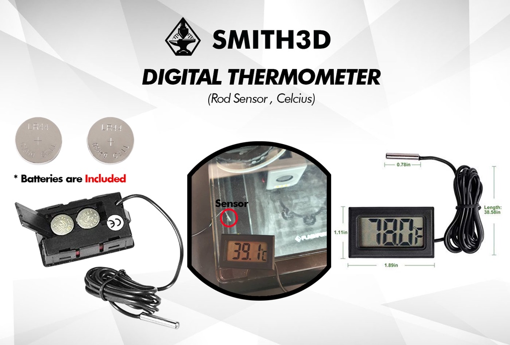 Digital thermometer with sensor tip for 3d printer enclosure, 3d enclosure thermometer with temperature reading celcius