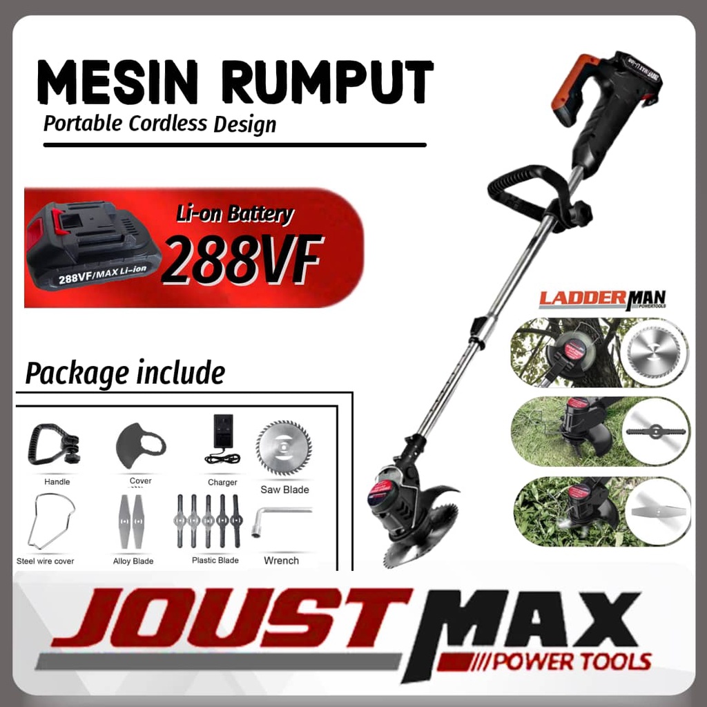 Mesin Rumput 288VF Lithium Battery Ladderman Cordless Lawn Mower Rechargeable Grass Cutter Trimmer Mesin Potong Rumput