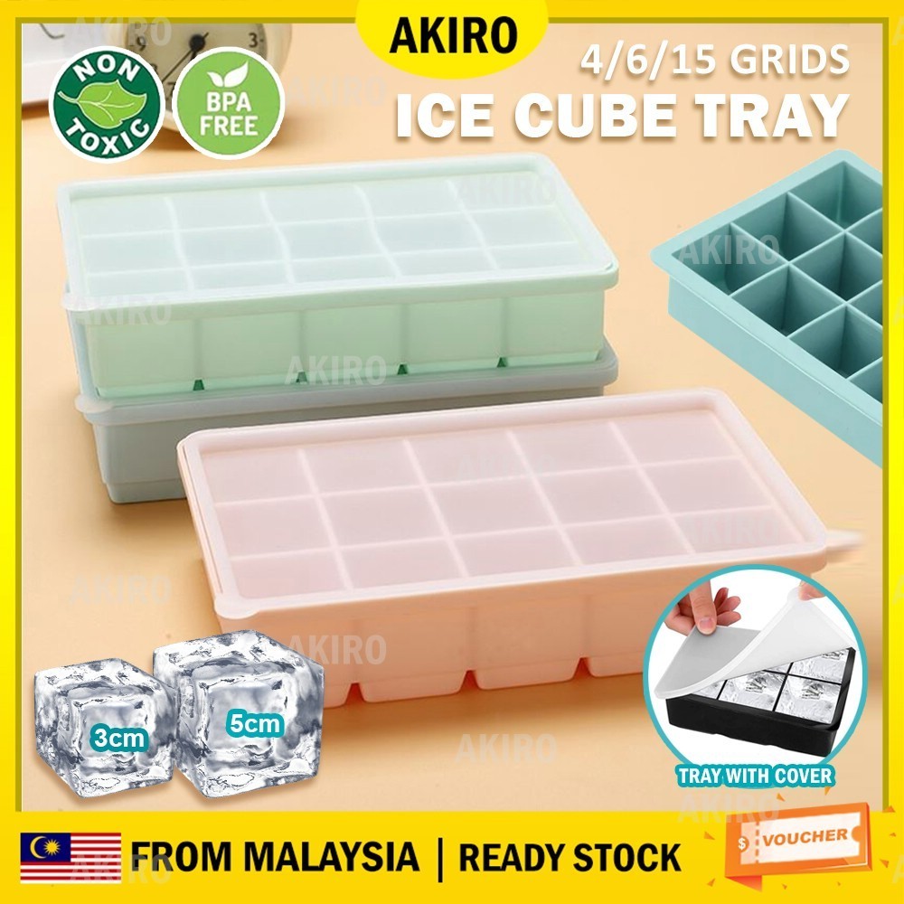 AKIRO BPA Free Silicone Ice Maker 15 Holes Large Ice Cube Mold Jelly Mold Ice Cube Tray With Lid Bekas Ais Batu 制冰模具