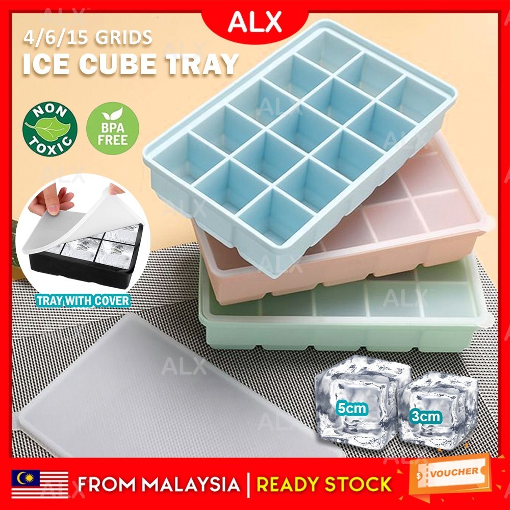 ALX Silicone Ice Cube Tray 4/6/15 Holes Ice Mold Big Ice Cube Tray With Lid DIY Ice Maker Jelly Mold Bekas Ais 制冰模具