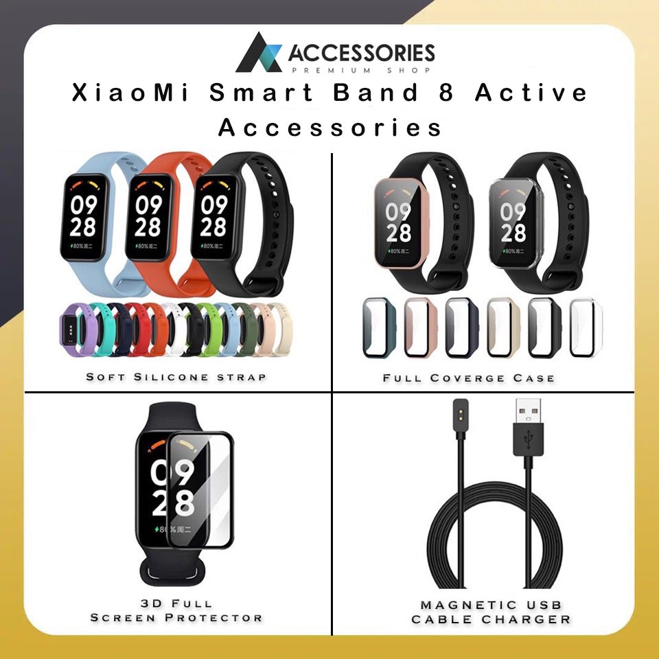 Mi Smart Band 8 Active Silicone Strap | 3D Full Screen Protector ,Hard Pc Case With Tempered Glass ,Magnetic USB Charger