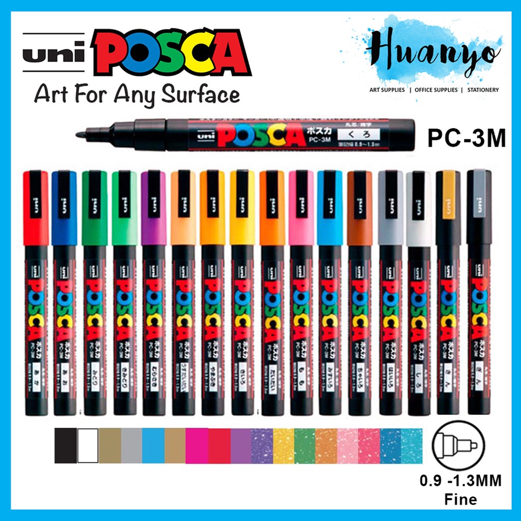 Posca Marker : Pc-3m : Fine Bullet Tip : 0.9 - 1.3mm : Assorted Colors Set  Of 16