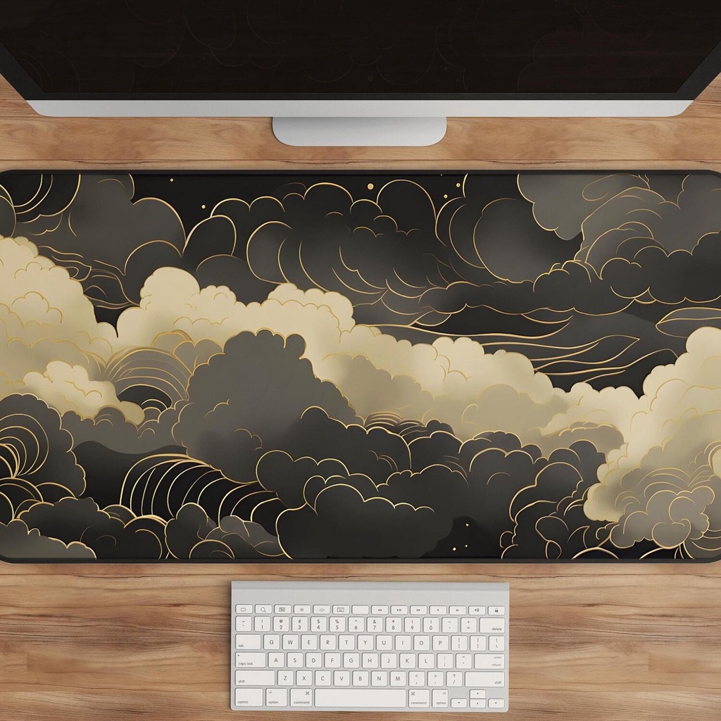 Celestial Cloudscape Desk Mat - Astrology-Themed Mouse Pad, Black & Gold, Stormy Nighttime Design, Opulent Office Decor