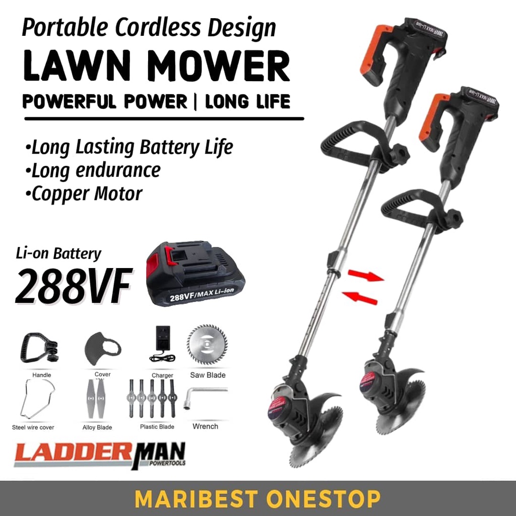 Mesin Rumput 288VF Lithium Battery Ladderman Cordless Lawn Mower Rechargeable Grass Cutter Trimmer Mesin Potong Rumput