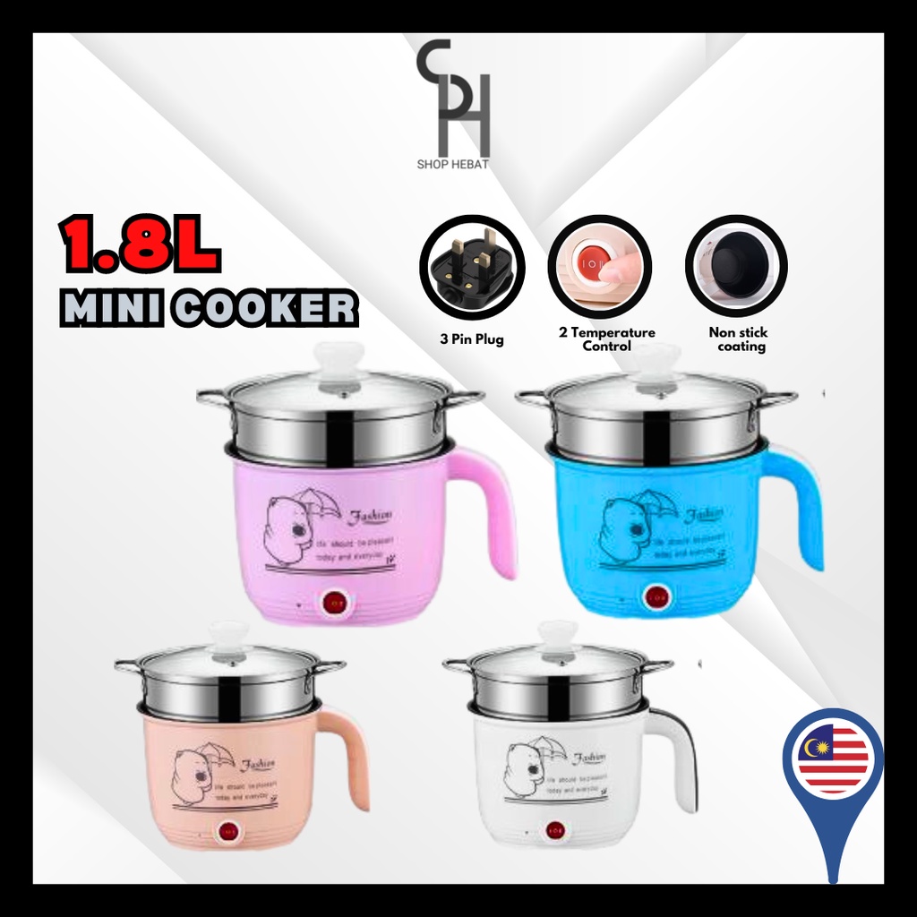 HEBAT👍 1.8L Non Stick Electric Pot /Mini Rice Cooker With Steamer Frying Pan Electric Cooker Cooking Pot Periuk Nasi