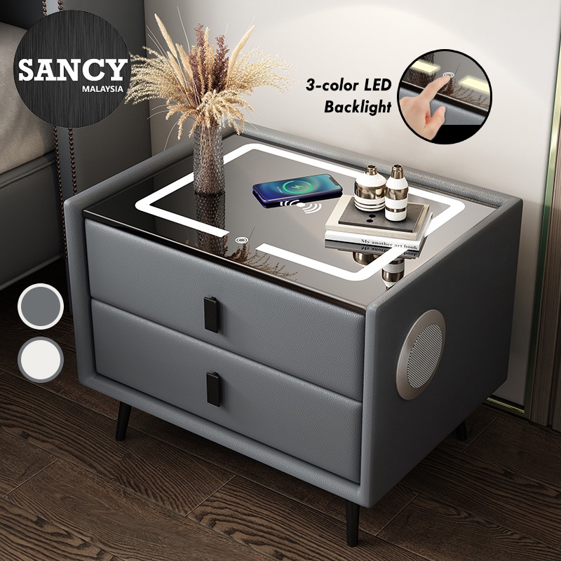 SANCY Smart Bedside Table Wireless Charging Bluetooth Speaker Bedroom LED Light Small Storage Cabinet