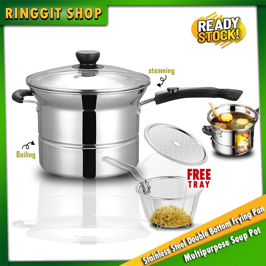 Ringgit Shop Stainless Steel Double Bottom Frying Pan, Household Multipurpose Soup Pot, Steaming, Boiling,noodles 22cm