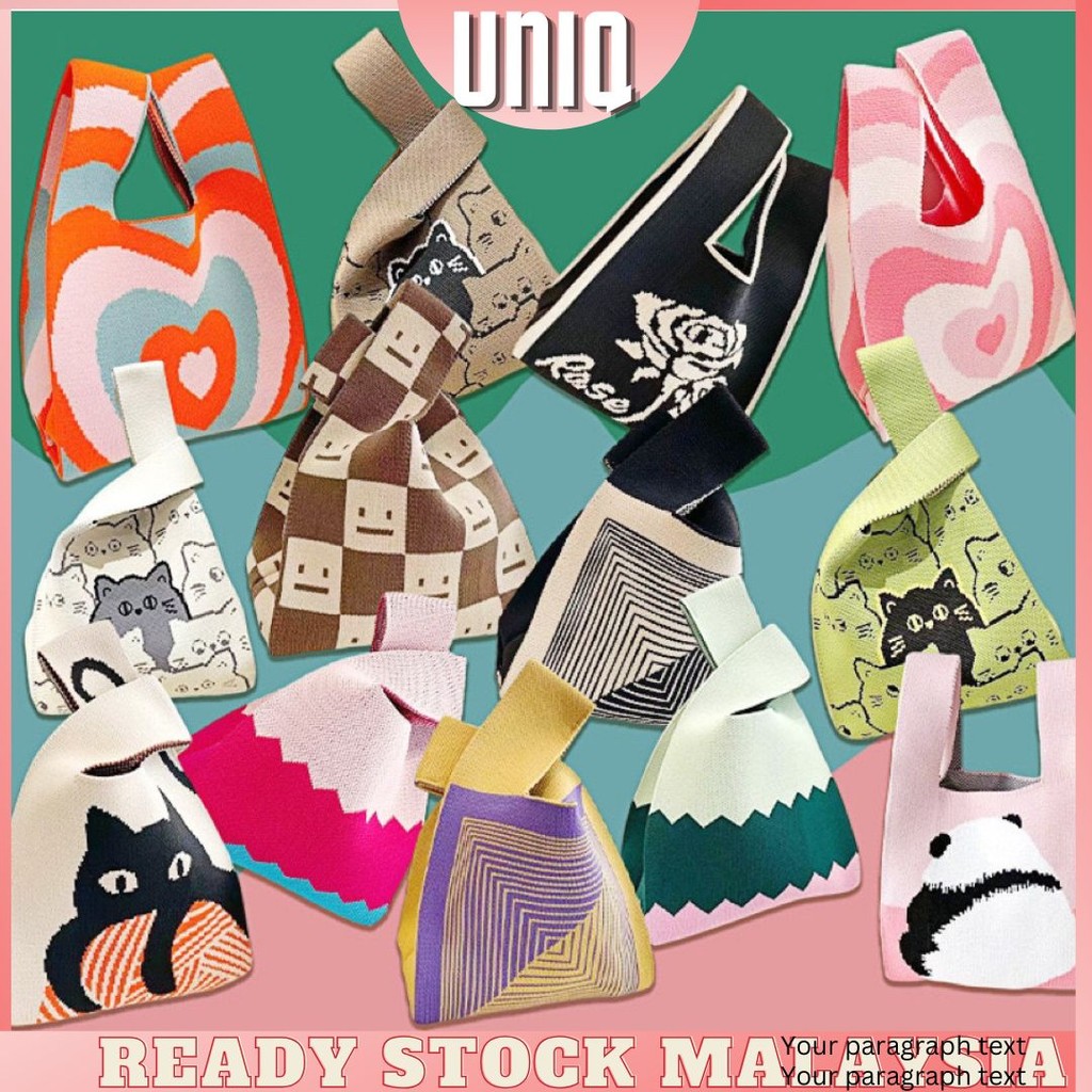 F10 READY STOCK UNIQ Korean Style Knit Handbag Women Casual Candy Color Knitted Bag Tote Bag Organizer Small