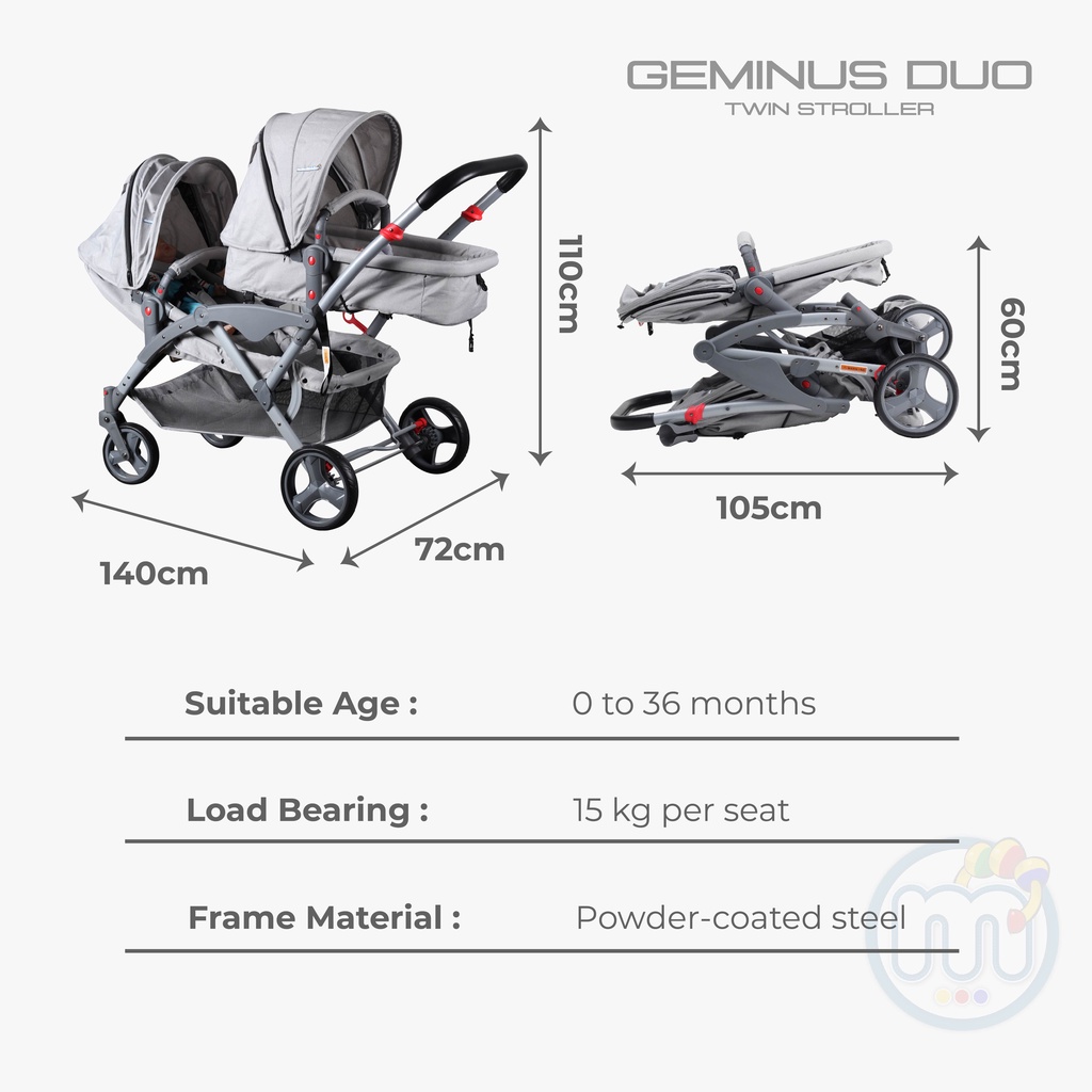 Mamakiddies Geminus Duo Kids Baby Stroller Double Stroller