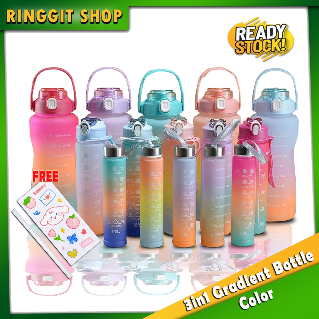 Ringgit Shop 3in1 Gradient Bottle 2000ml Cute Color Plastic Water Bottle with Food Grade Straw Travel Portable Botol Air