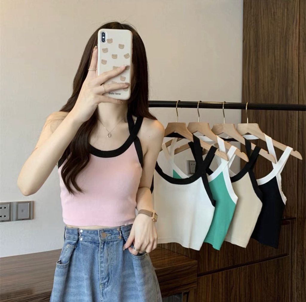 Ins Korean Women with Padded Crop Top Sexy Sleeveless Halter Neck Singlet  Top 撞色交叉挂脖带胸垫背心上衣 Black