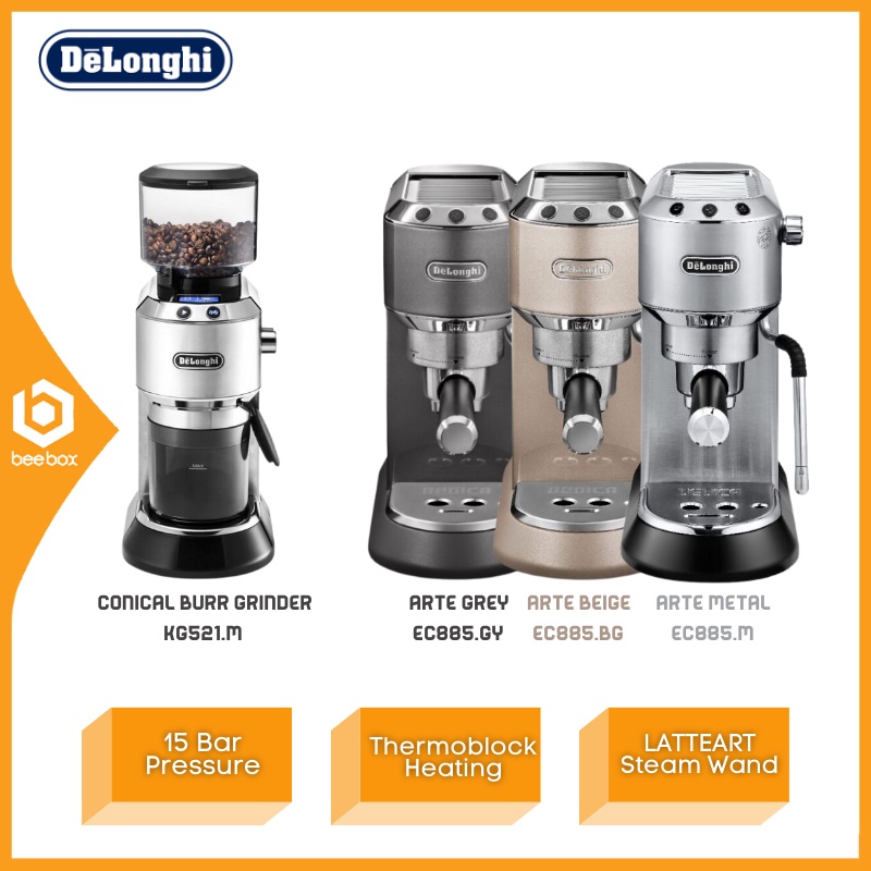 Delonghi EC885 Dedica Arte Manual Espresso Machine (Arte Grey/Metal/Beige)+Dedica Conical Burr Coffee Bean Grinder KG521