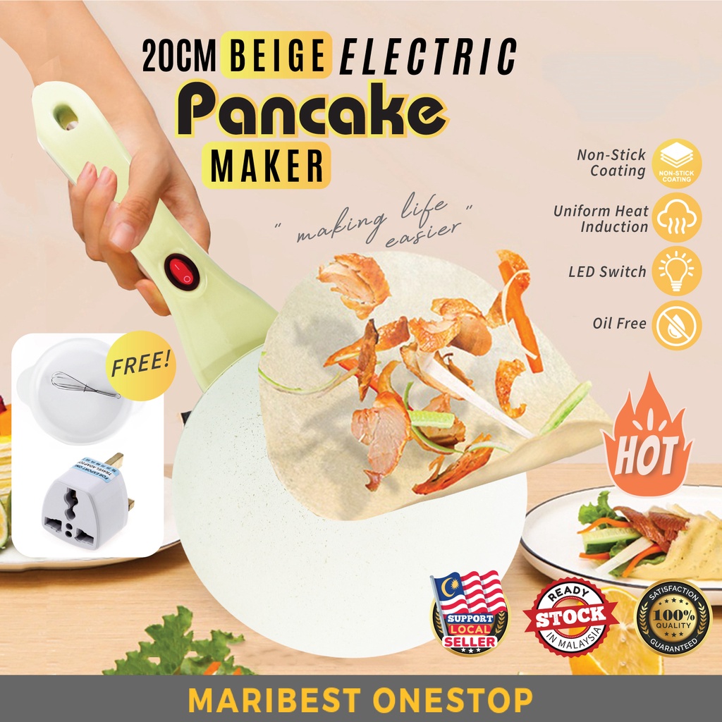 20CM Beige Pancake Maker Electric Crepe Pan Non Stick Kitchen Tool Frying Pan Kuali Ketayap Elektrik Popia Pancake Maker