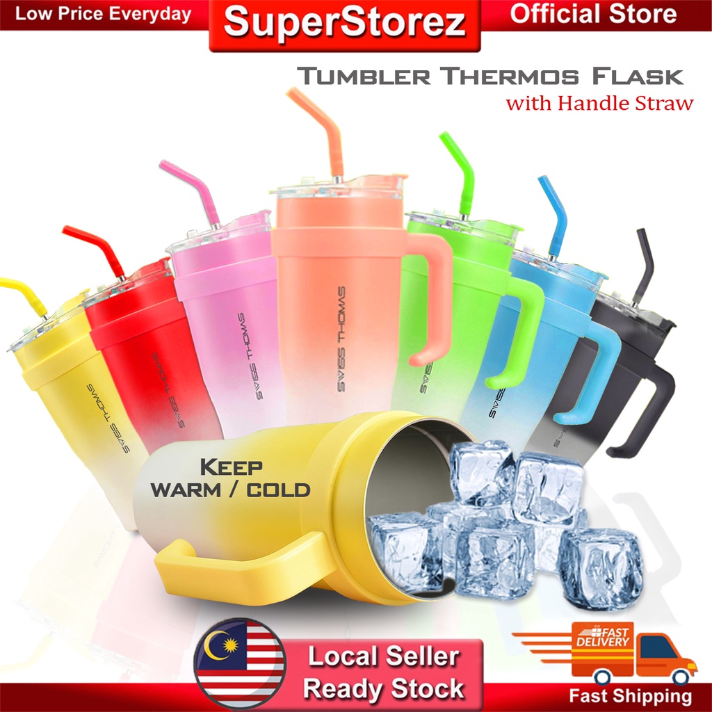 Tumbler Thermos Flask with Handle Straw Mouth Opening Drink 1200mL Stainless Steel 304 Keep Warm Cold Water Bottle
