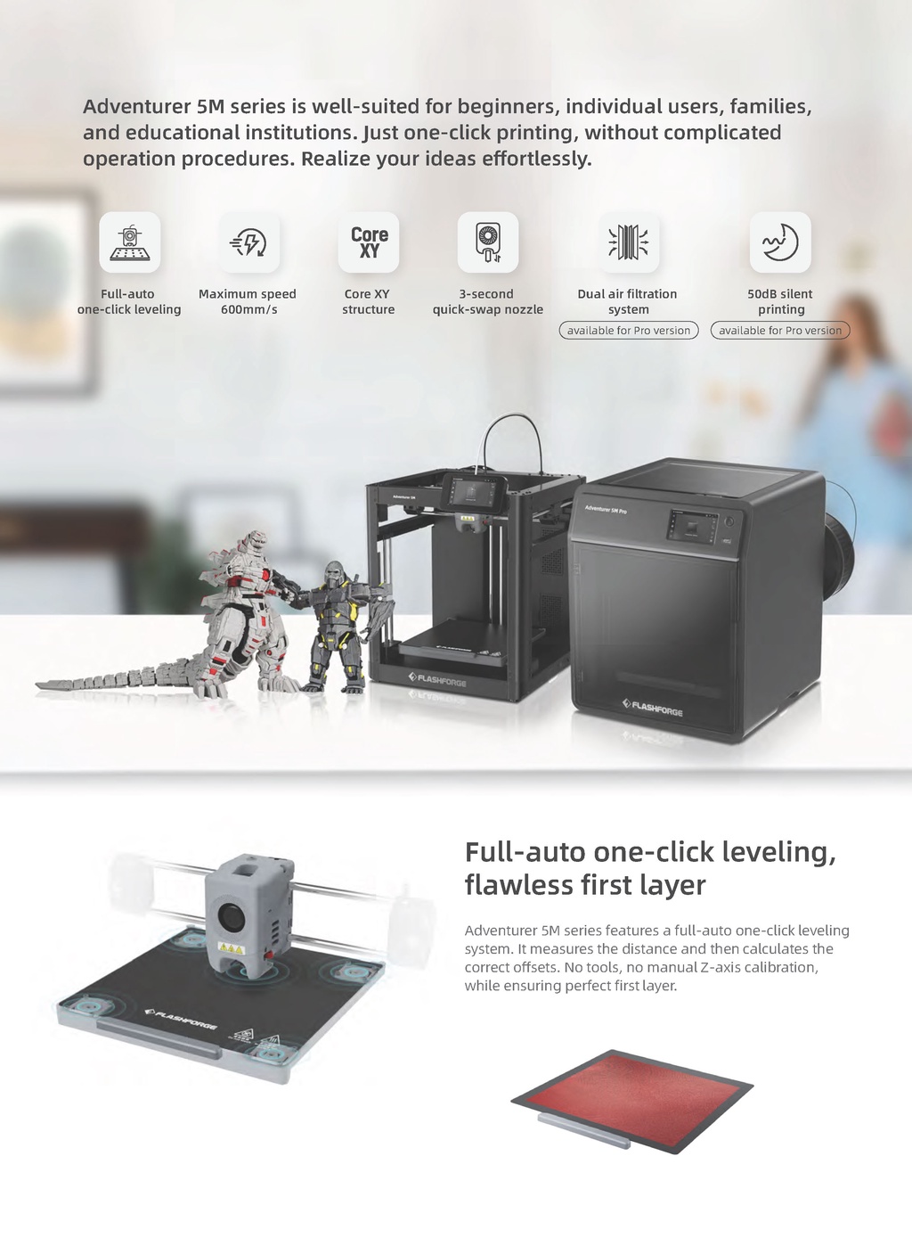 Flashforge adventurer 5m series 5m/5m pro 3d printer auto leveling low noise fdm printer 220*220*220cm 280°c extruder