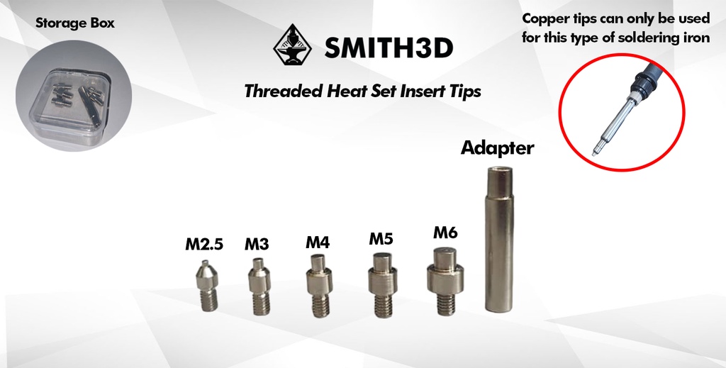Versatile 5-in-1 threaded heat set insert tip set for copper heat insert in 3d printing