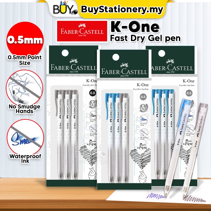 3Pcs Faber Castell Pen K-One Gel Pen Fast Dry Ink Retractable 0.5mm Black Blue Mix (3s/PKT) Stationary Alat Tulis Colour