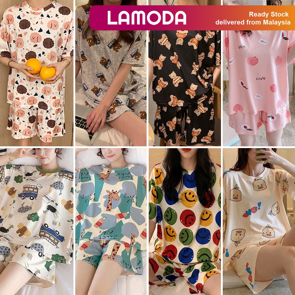 [M-2XL][Lamoda]HARUMI Women Short Sleeve Pyjamas Cute Baju Wanita Pajamas Women Nightwear Sleepwear Women Set 短袖女睡衣套装
