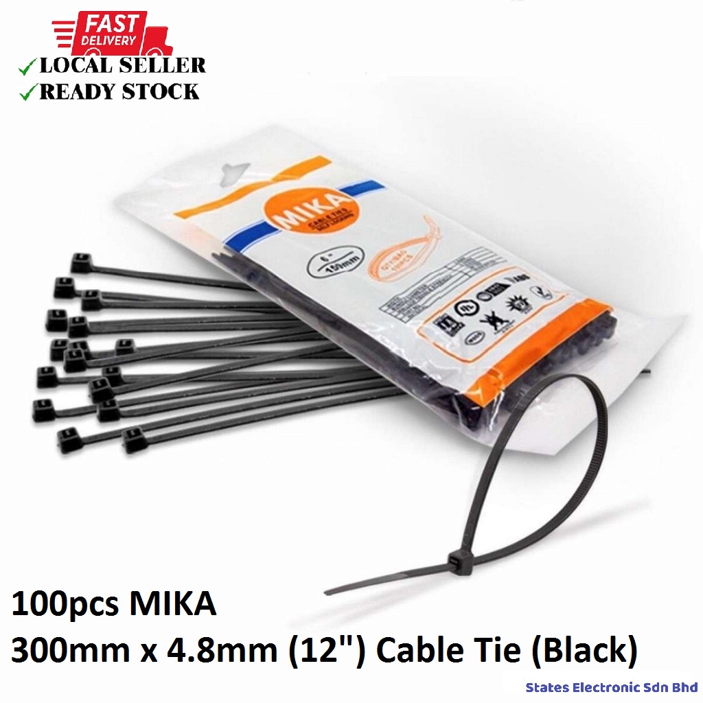 100pcs MIKA 300mm x 4.8mm (12") Cable Tie (Black)