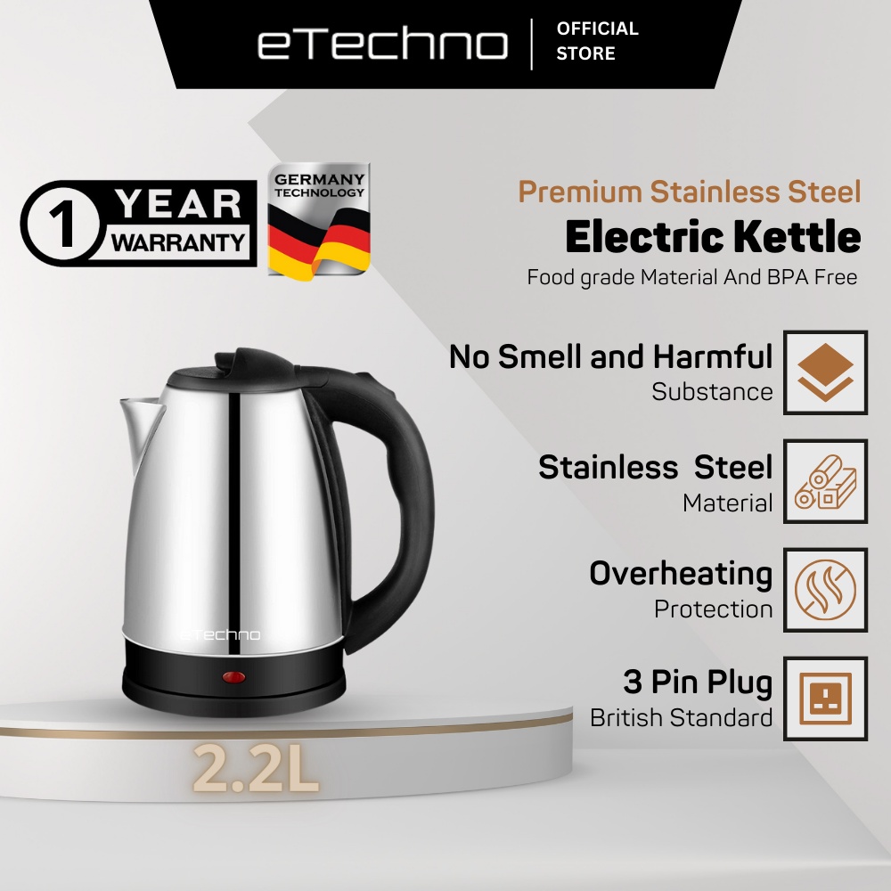 eTechno Stainless Steel Electric Kettle 2.2L 1500W Auto Off Kettle Electric Jug Kettle Boil Hot Water Cerek Air Panas