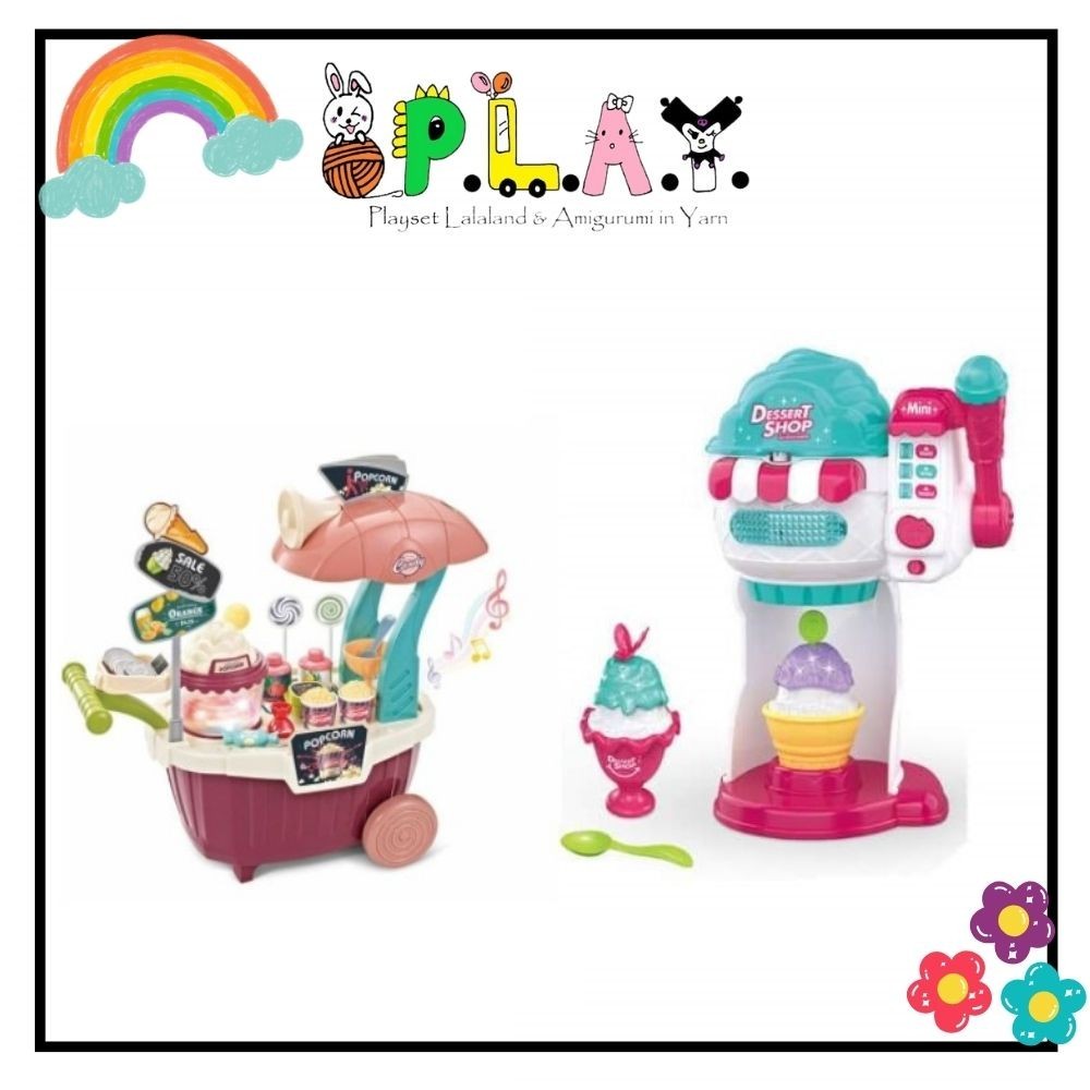 PLAY Dessert & Ice Cream House Home Popcorn Car Kids Pretend Play Music Light Dessert Maker Ice Cream Counter Trolly