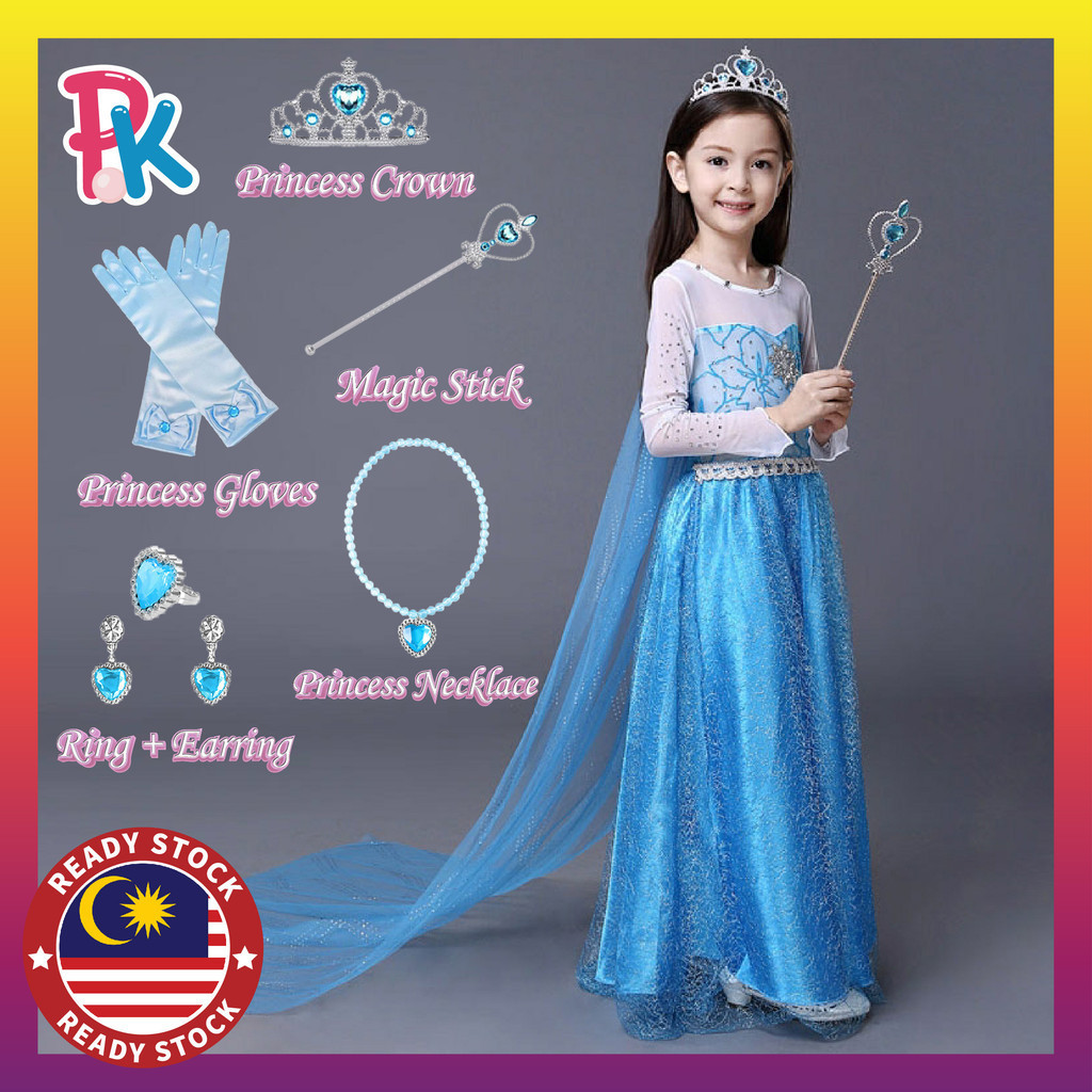 Gaun Budak Perempuan Baju Frozen Puteri Princess Elsa Kenduri Party Costume Dress Frozen