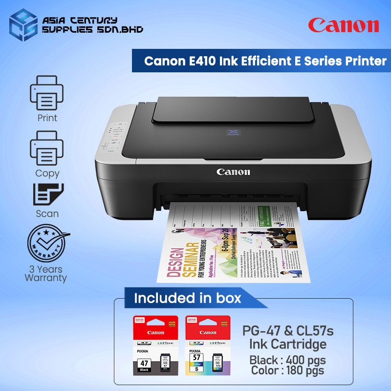 Canon Pixma E410 Black / Grey All In One A4 Color Inkjet Printer ( Print Scan Copy ) / Canon PG-47 CL-57 CL-57s Ink