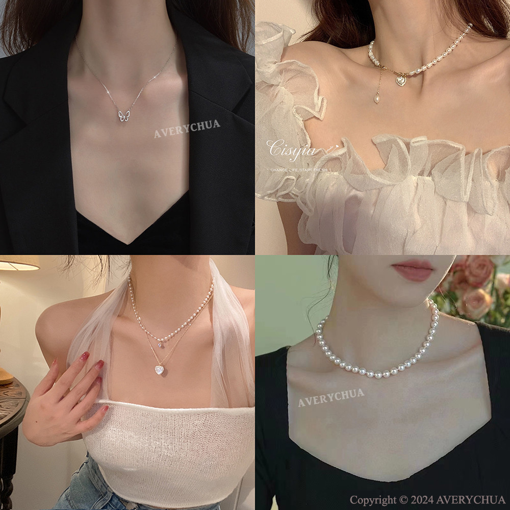 Rantai Leher 项链 Necklaces 珍珠项链女高级感新款锁骨链配饰ins网红法式复古 Fashion Accessories Women Butterfly Heart