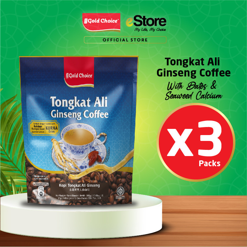 GOLD CHOICE Tongkat Ali Ginseng Coffee With Dates And Seaweed Calcium- (30g X 12'S) # 3 Packs Bundle
