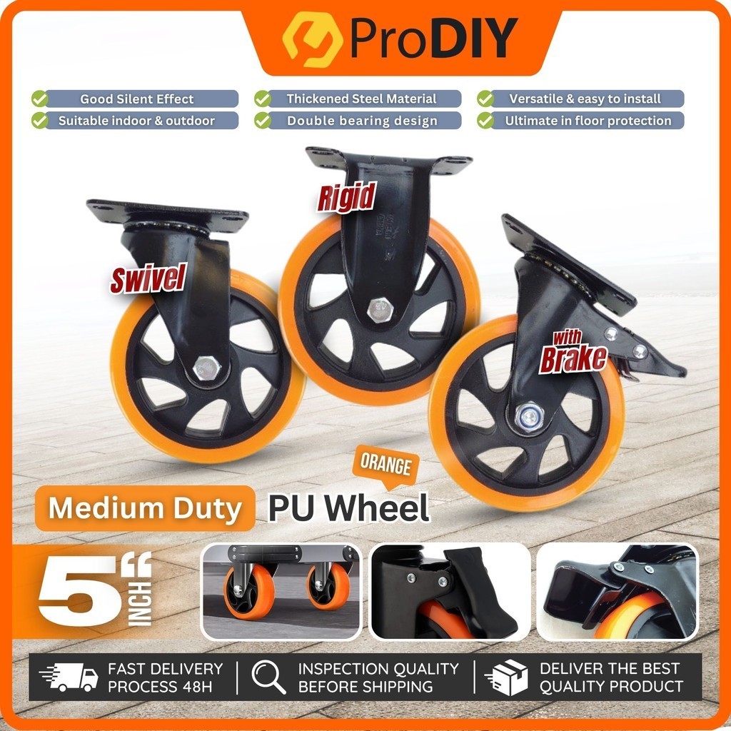 MEDIUM DUTY 5 INCH Caster PU Wheel Orange Rigid Swivel With Brake 360 Degree Industrial Quiet Replacement Wheel Trolley