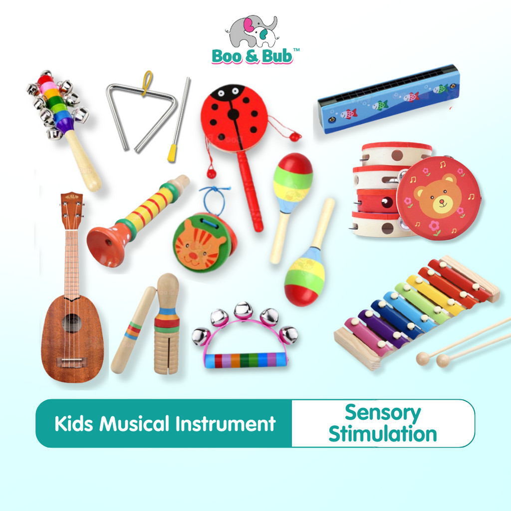 Baby Kids Wooden Musical instrument Educational Montessori Early Learning Toys | alat muzik rattle bell drum xylophone