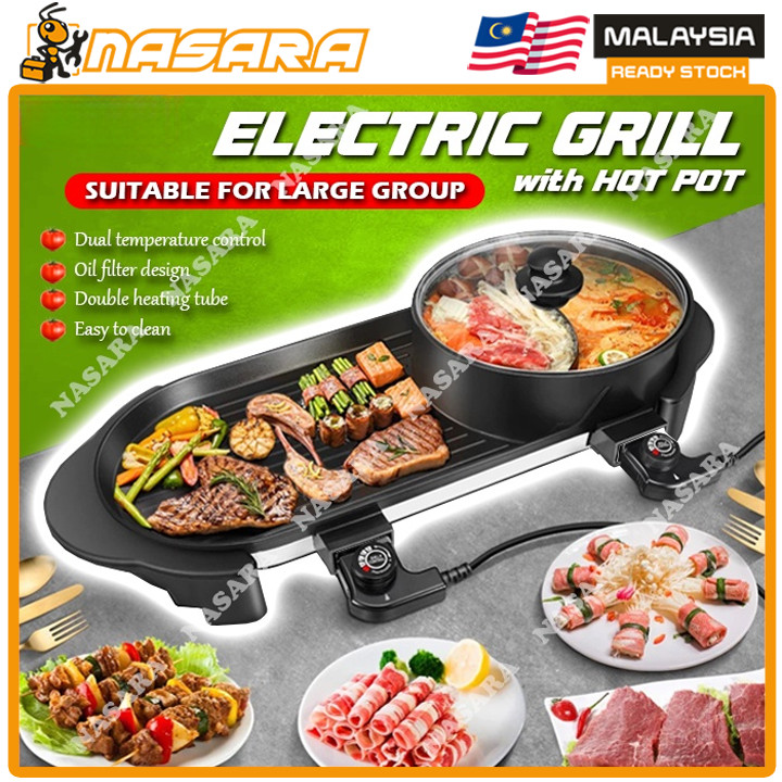 Nasara Long Pan 2 IN 1 Electric BBQ Grill Steamboat Pot Grill Pan Fry Hot Pot Steamboat / Pan Peruik Stimbot / 烧烤鸳鸯锅