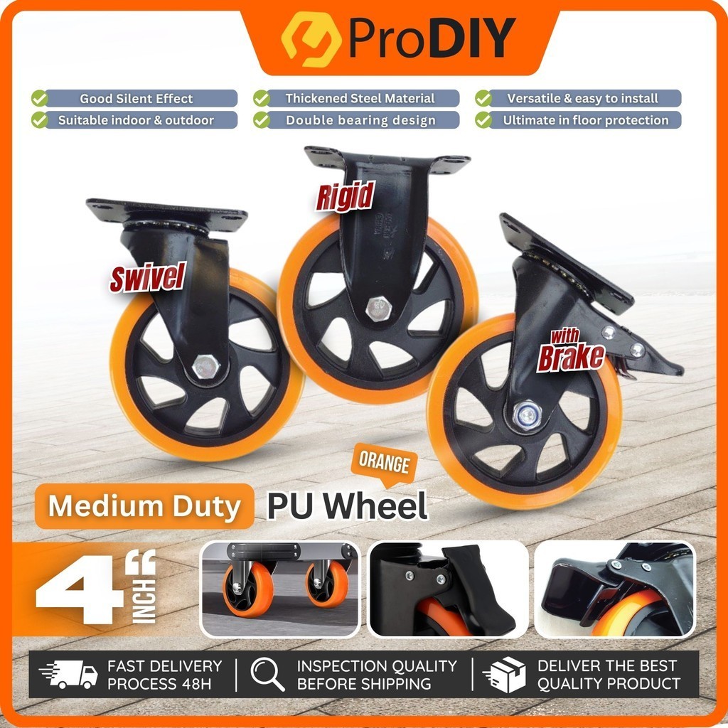 MEDIUM DUTY 4 INCH Caster PU Wheel Orange Rigid Swivel With Brake 360 Degree Industrial Quiet Replacement Wheel Trolley
