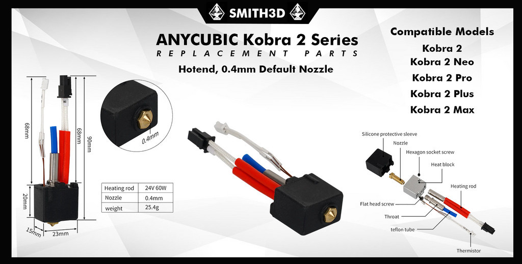 Anycubic kobra 2 hotend, kobra 2 series hotend, oem anycubic hotend replacement 3d printer hotend spareparts replacement
