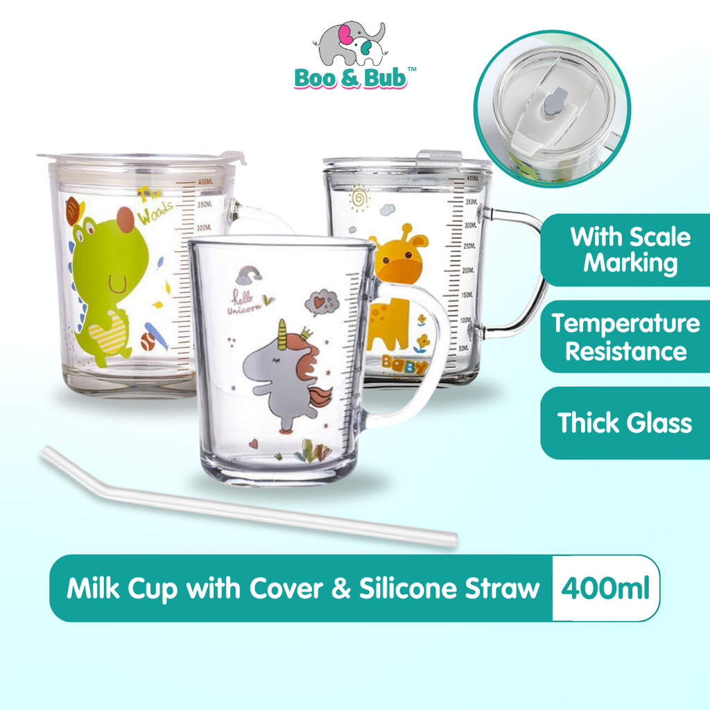 400ml Glass Milk Cup with Cover Silicone straw | Training Glass Mug Baby Dinosaur Unicorn Water Bottle Heat-Resistant